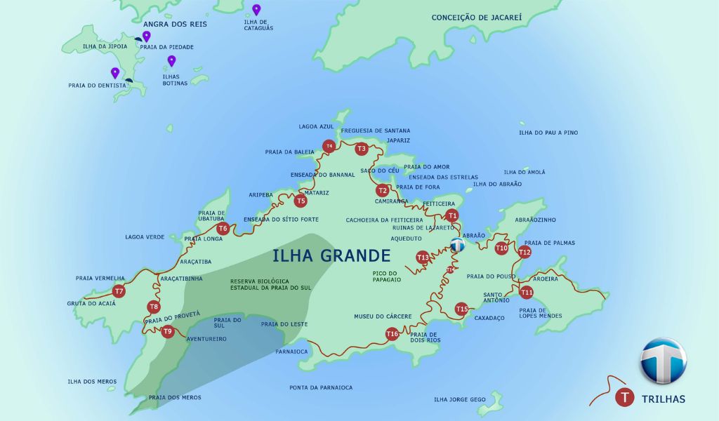 Mapa da Ilha grande com trilhas